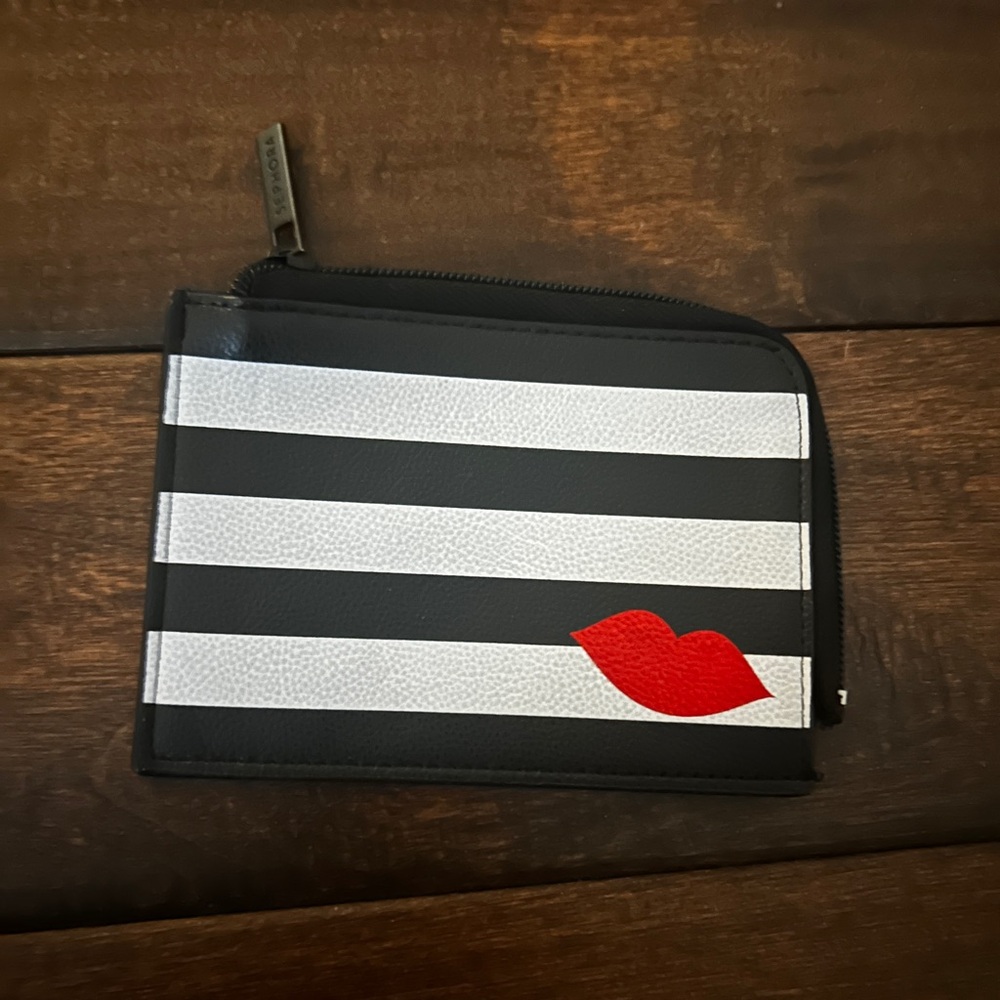 Sephora Black and White Striped Key & Card Holder with Red Lips